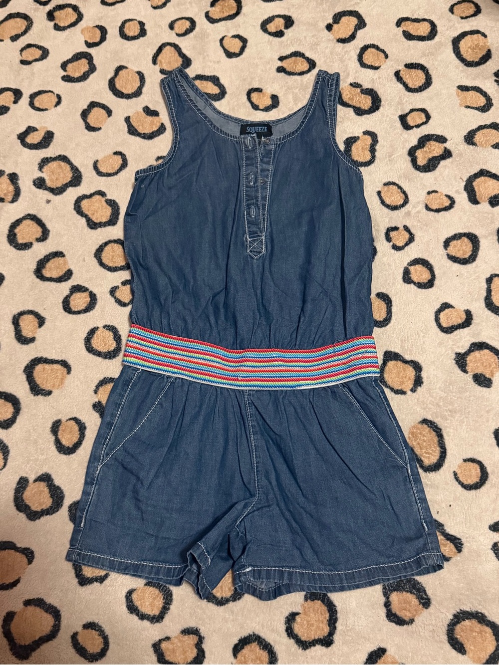 Squeeze Blue Denim Romper with Striped Elastic Waistband